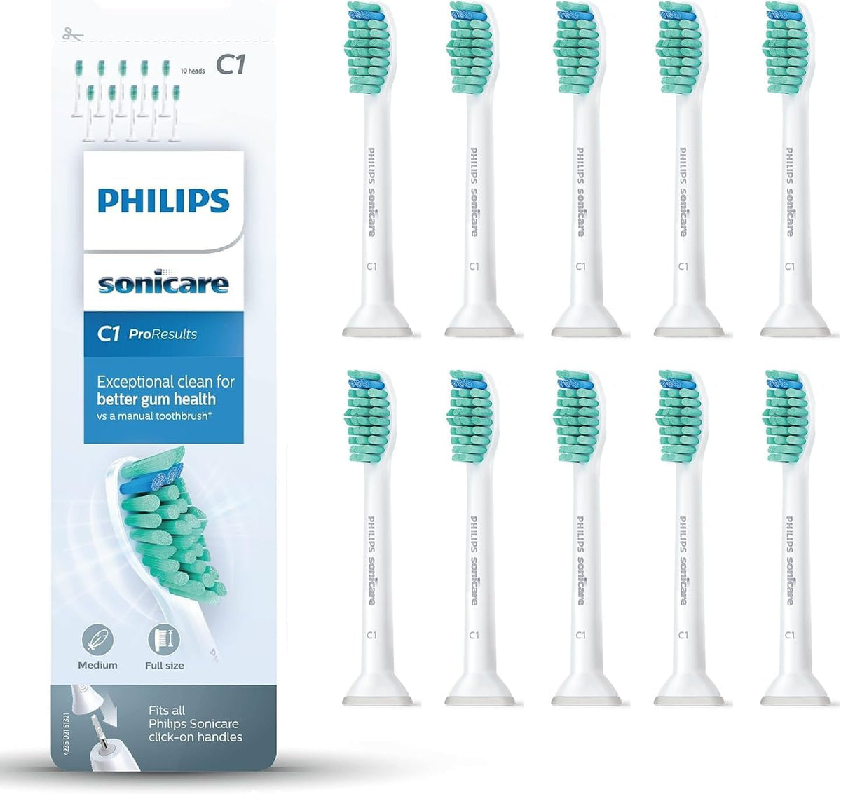 Philips Sonicare C1 ProResults Brush Heads for Electric Sonic Toothbrushes, 10 Pieces (Model HX6010/32)