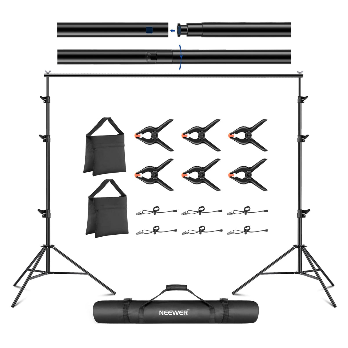 NEEWER set de suport pentru fundal ajustabil 8,5x10 picioare, sistem de suport pentru fundal de fotografie cu 4 bare transversale, 6 cleme cu arc, 6 cleme pentru fundal, 2 saci cu nisip și geantă de transport. - 10099680