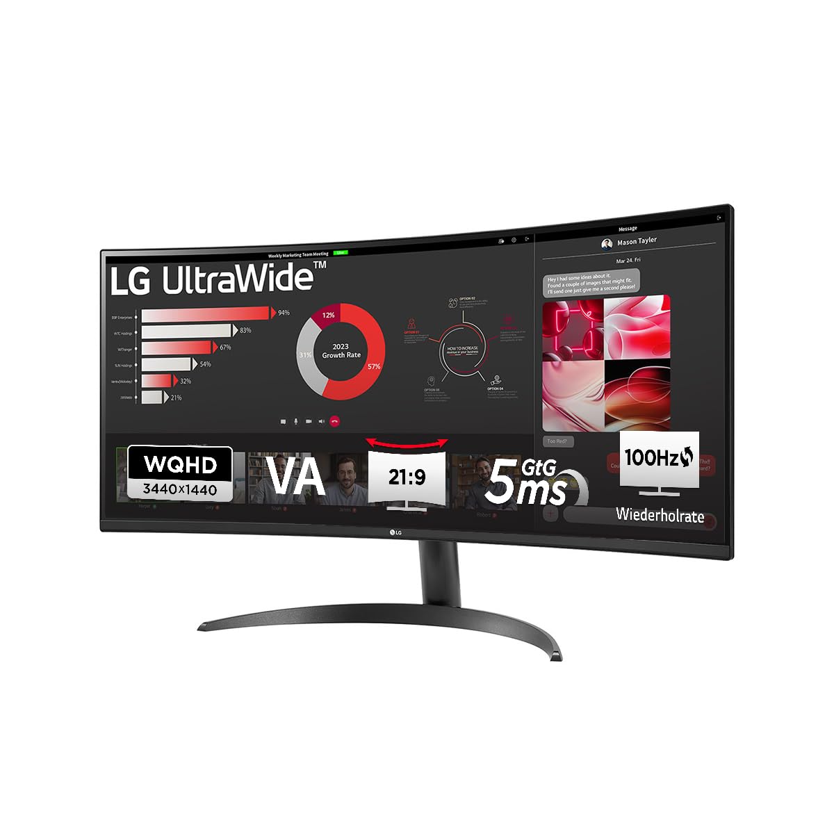 LG, 34 inch, UltraWide, 1800R Curved QHD Monitor, 3440 x 1440, 34WR50QK-B.AEU, 21:9, 5ms GtG, 100 Hz, HDR10, 99% sRGB, PBP mode, OnScreen Control, AMD FreeSync - Black