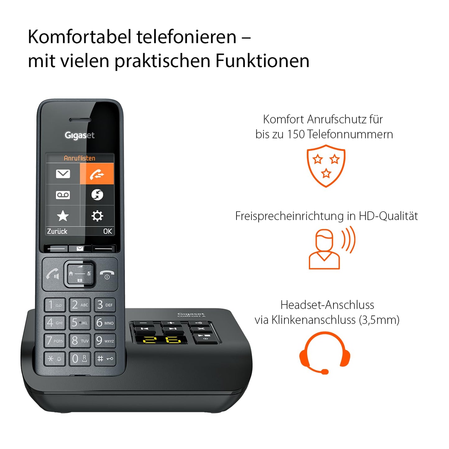 Gigaset Comfort 520A Trio - 3 cordless DECT telephones with answering machine - Elegant design - Hands-free function - Do not disturb - Address book with 200 contacts, titanium black [German version] - S30852-H3005-B103