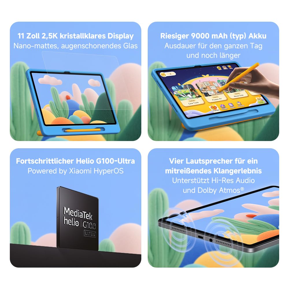 XIAOMI 11-inch children's tablet with case, stylus and matte glass, 2.5K 90Hz crystal clear display, 4+128GB, Wi-Fi 5, Dolby Atmos metal housing, 9000mAh, gray, charger not included - Pad