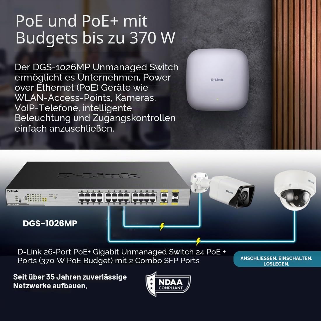 D-Link DGS-1026MP Layer2 PoE+ Gigabit Switch (26 ports, including 24 x 10/100/1000 Mbit/s PoE ports and 2 Gigabit Combo Uplink ports)