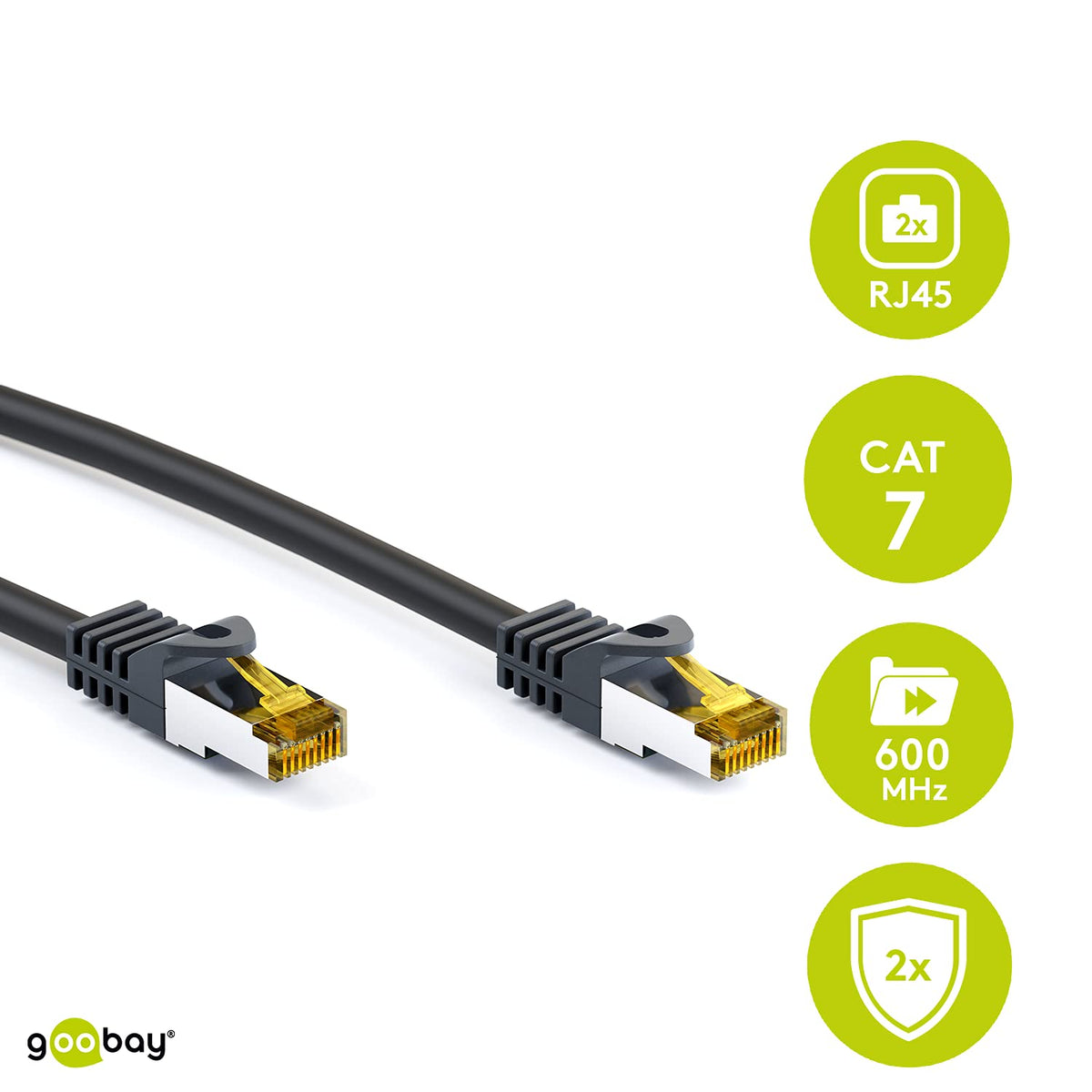 goobay 92653 RJ45 Patch Cable with CAT 7 raw cable, double shielded, S-FTP up to 600 MHz, halogen-free, copper cable connectors, gold-plated contacts, 5 m, Black (Pack of 5)