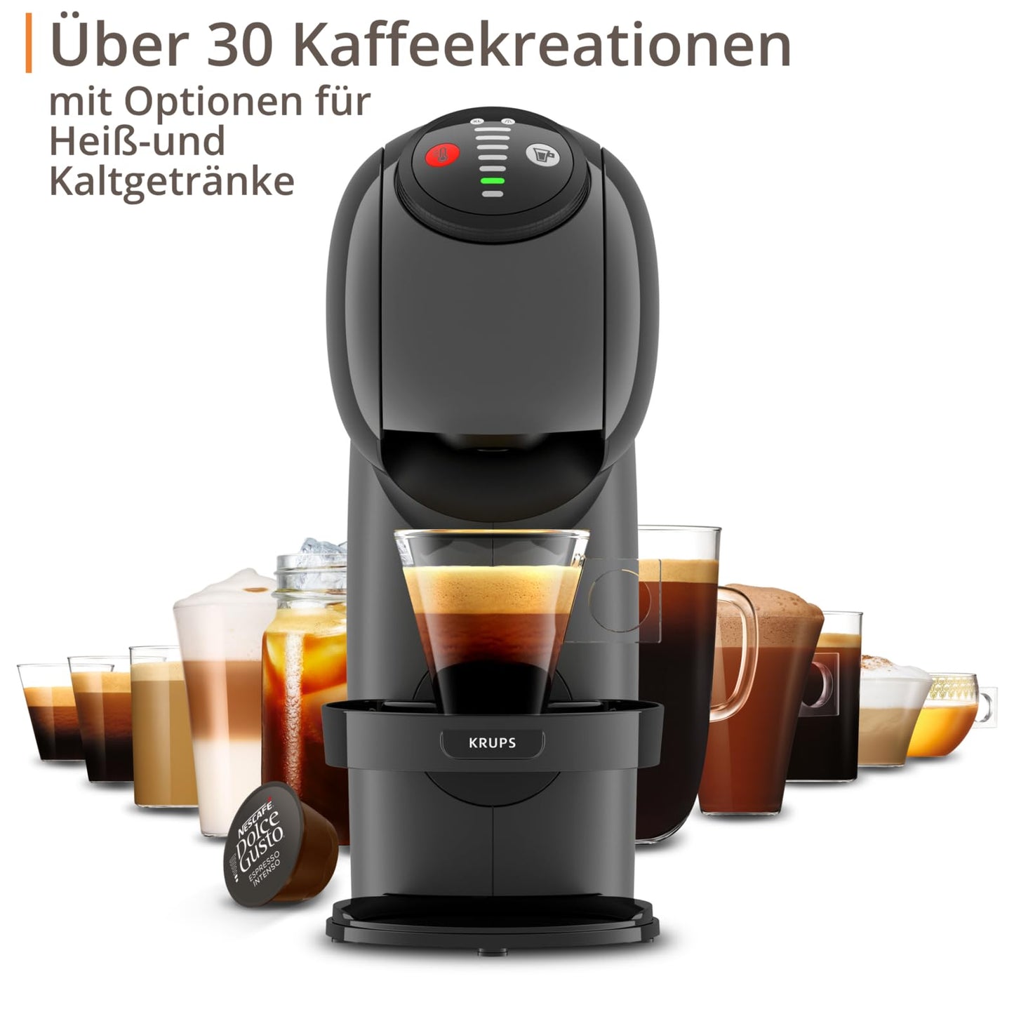 NESCAFÉ Dolce Gusto Genio S by KRUPS, coffee capsule machine, 15 bar, ultra-compact, high pressure, over 30 coffee creations, selectable drink size, auto shut-off, anthracite, KP243B