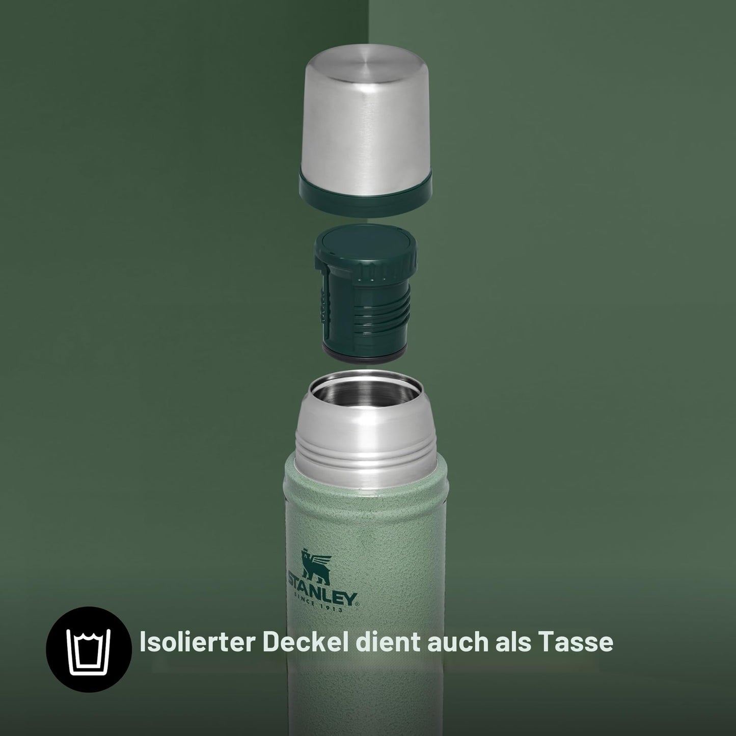 Stanley 1913 Classic Legendary Thermos Bottle 0.59L - Thermos Keeps Hot or Cold for 18 Hours - Stainless Steel Thermos Flask - BPA Free - Dishwasher Safe - Hammertone Green - 100000115641