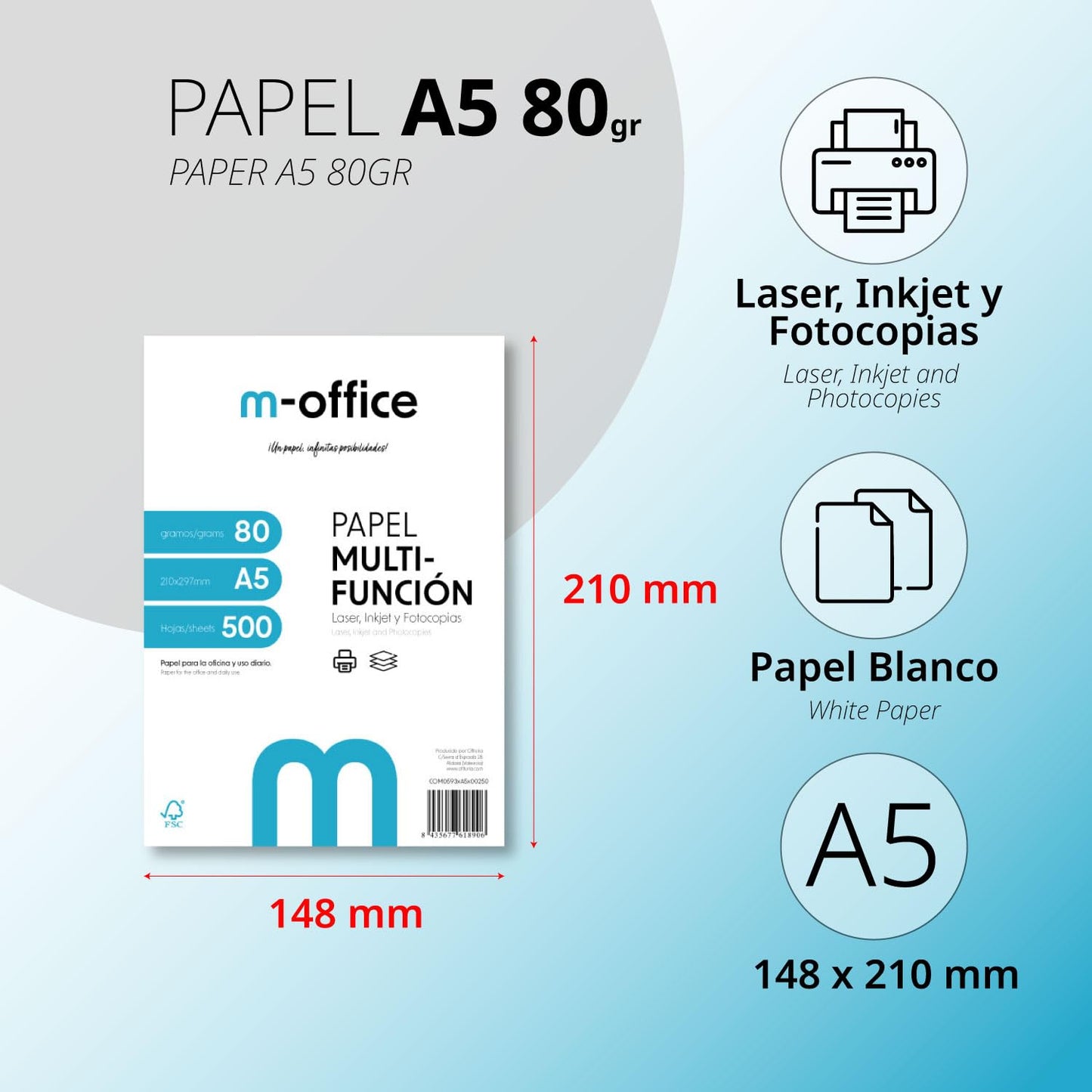 A5 Paper 80g 8 Pack of 500 Sheets Multifunction Paper for Inkjet and Laser Printers A5 Sheets 148 x 210mm Ideal for Office and Home m-office (5000 Sheets) - COM0593