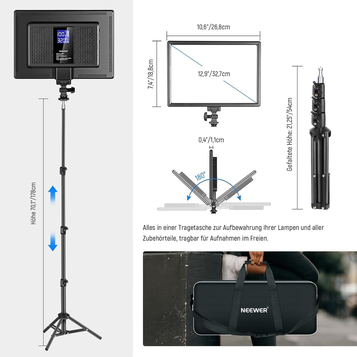 NEEWER 13" LED video light panel set with tripod, streaming light with lithium battery pack of 2 soft LED video lights 3200K-5600K CRI 97+ 2400lux, studio light for live gaming YouTube camera photography - 10099293
