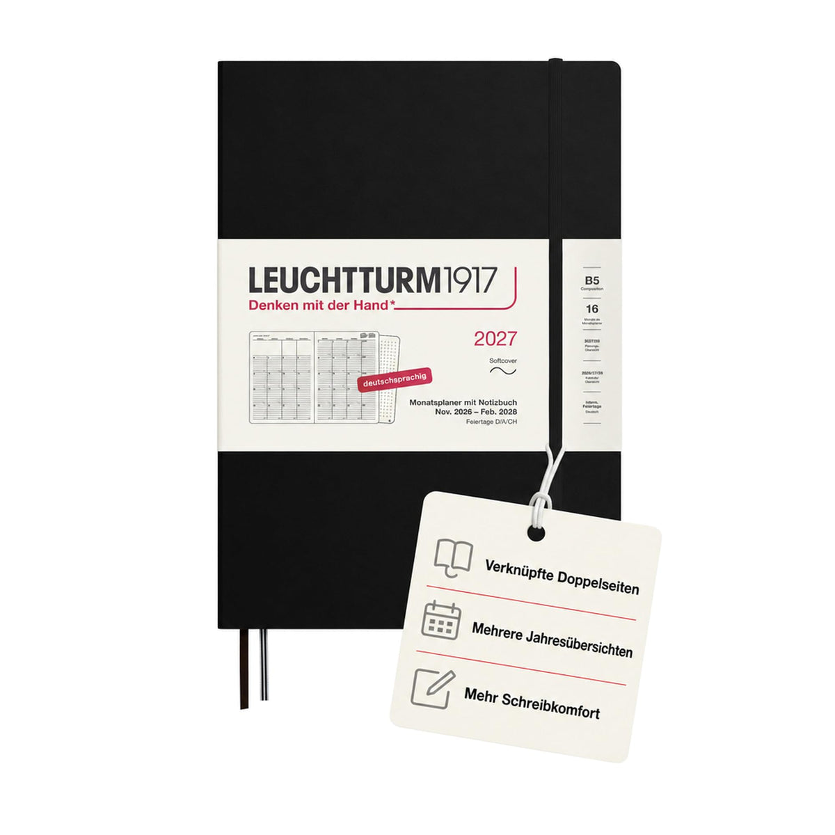 LEUCHTTURM1917 planificator lunar cu caiet 2027 Compoziție (B5) - germană, negru, copertă moale, 16 luni (01.11.2026-28.02.2028), 132 pagini de note punctate cu cuprins - 400170