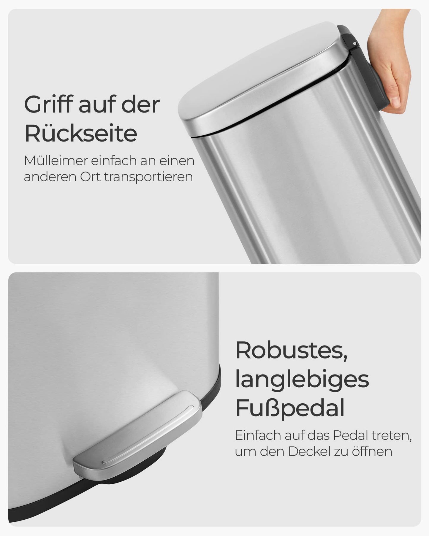 SONGMICS kitchen rubbish bin, 30 liters, waste bin, pedal bin, with lid, soft close, foot pedal, steel, inner bin, silver LTB03NL