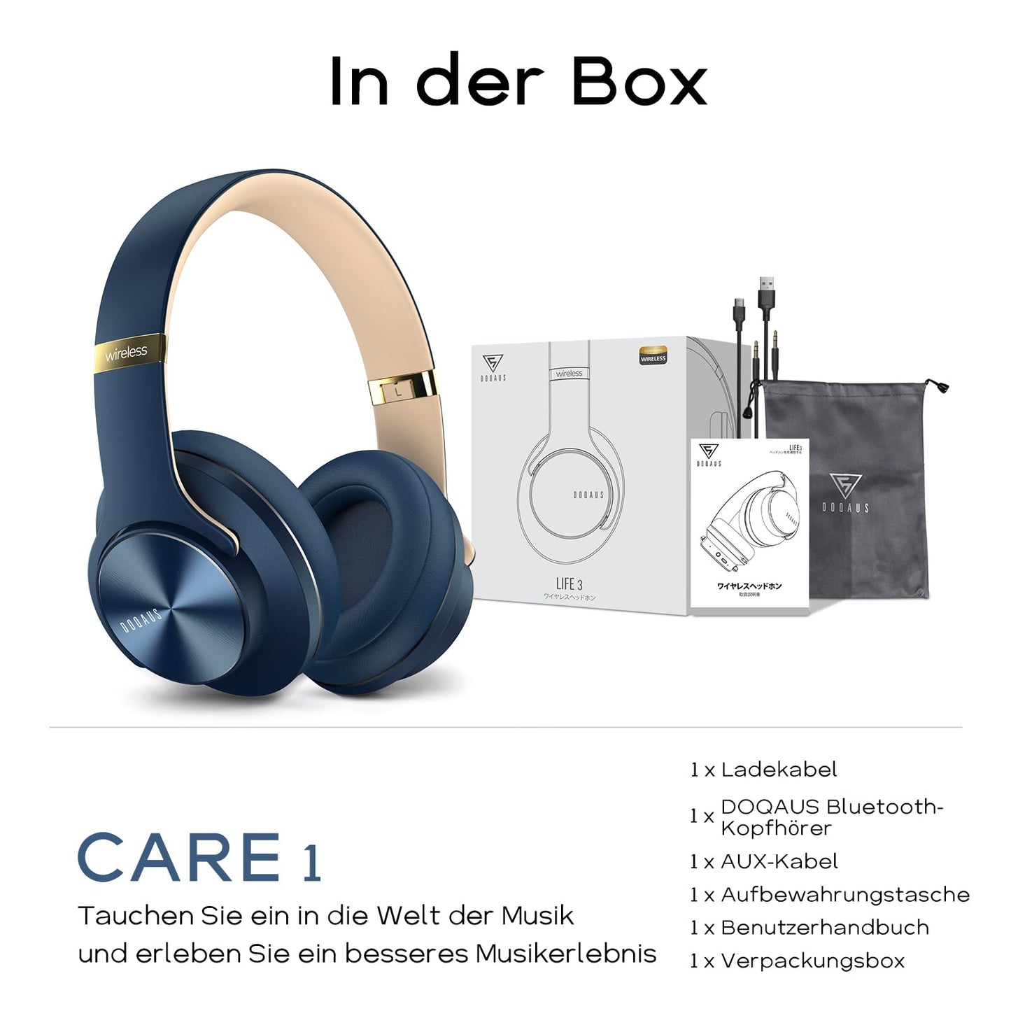 DOQAUS Bluetooth Headphones Over Ear, Up to 90 Hours Wireless Headphones with 3 EQ Modes, HiFi Stereo Foldable Headset with Microphone, Soft Ear Pads for Travel/Office/Cell Phone/PC/Laptops-Navy Blue - Care1