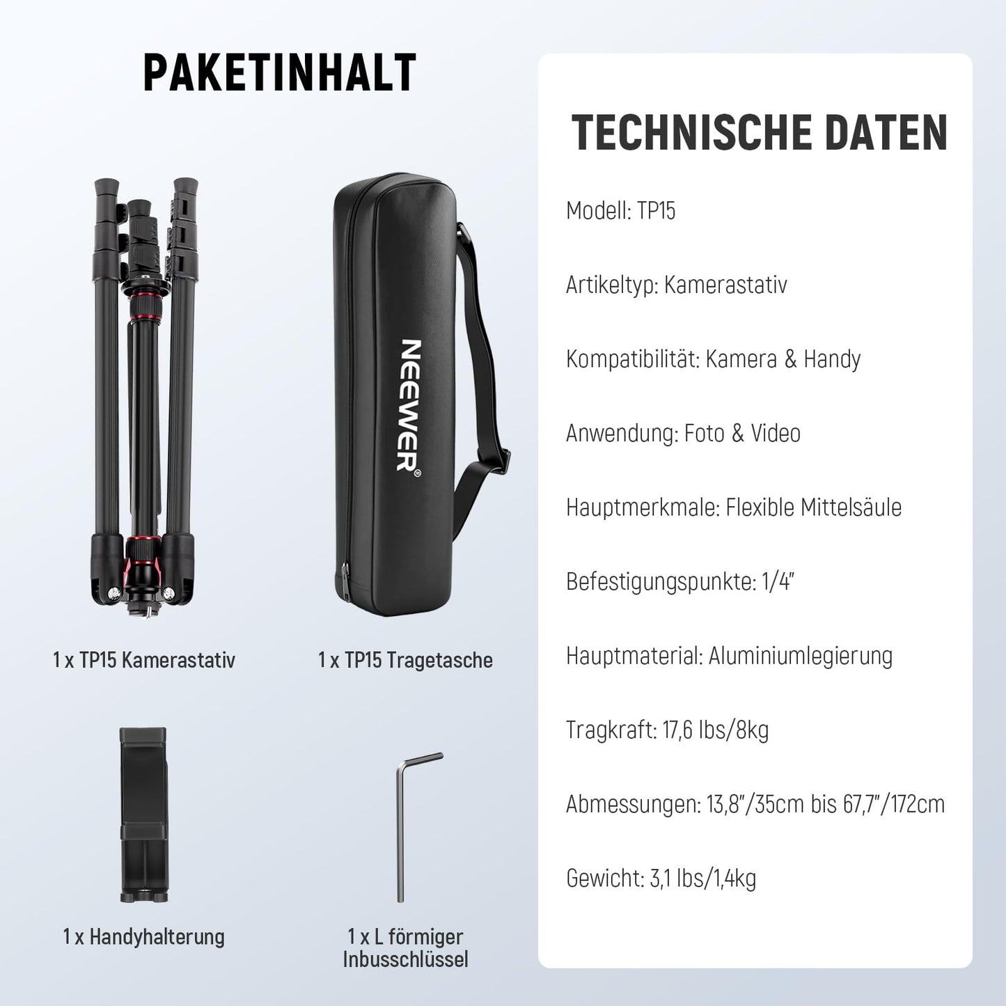 NEEWER Basics TP15 Camera Tripod Monopod, 68" Metal Heavy Duty Portable Travel DSLR Phone Stand with Cell Phone Holder, Compatible with iPhone for Film and Video, Ball Head Not Included