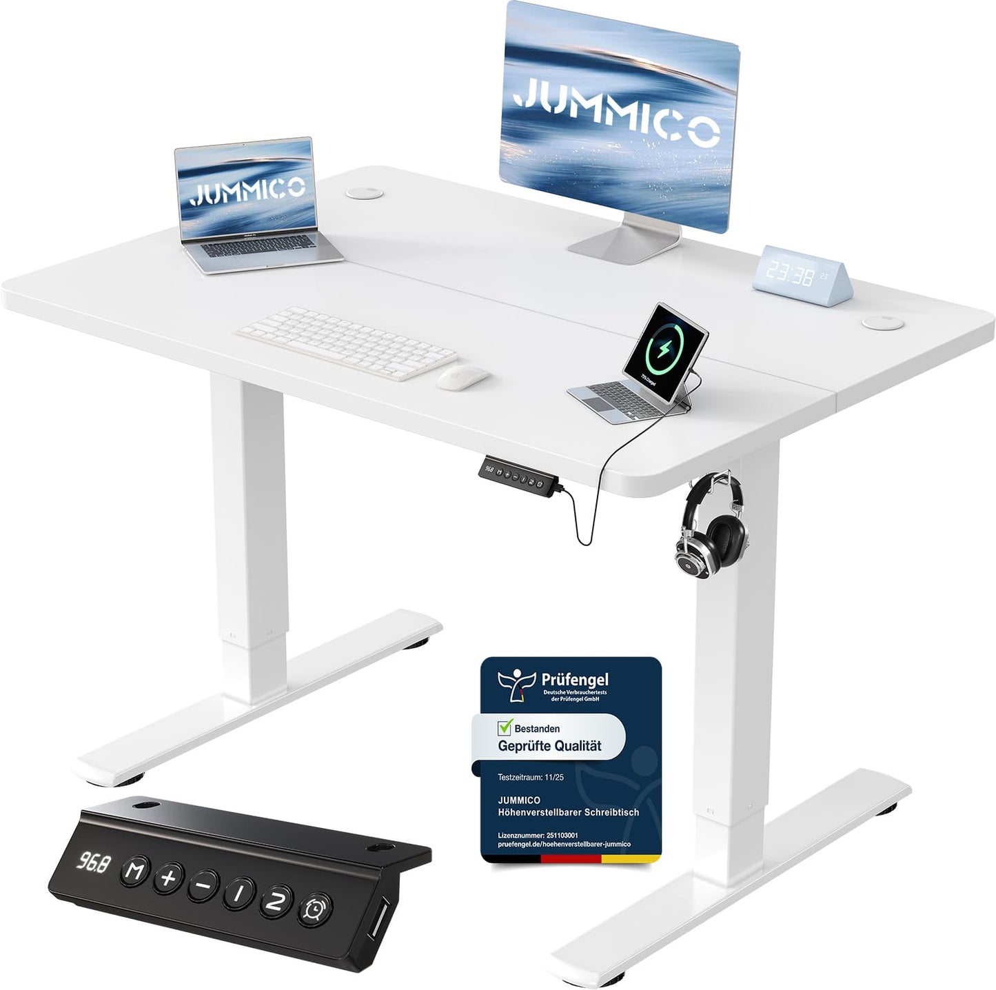 JUMMICO Birou reglabil pe înălțime cu port de încărcare USB, birou electric reglabil pe înălțime 100 x 60 cm, masă stand-sit, birou standing, masă de calculator reglabilă, birou în picioare, alb - 0403