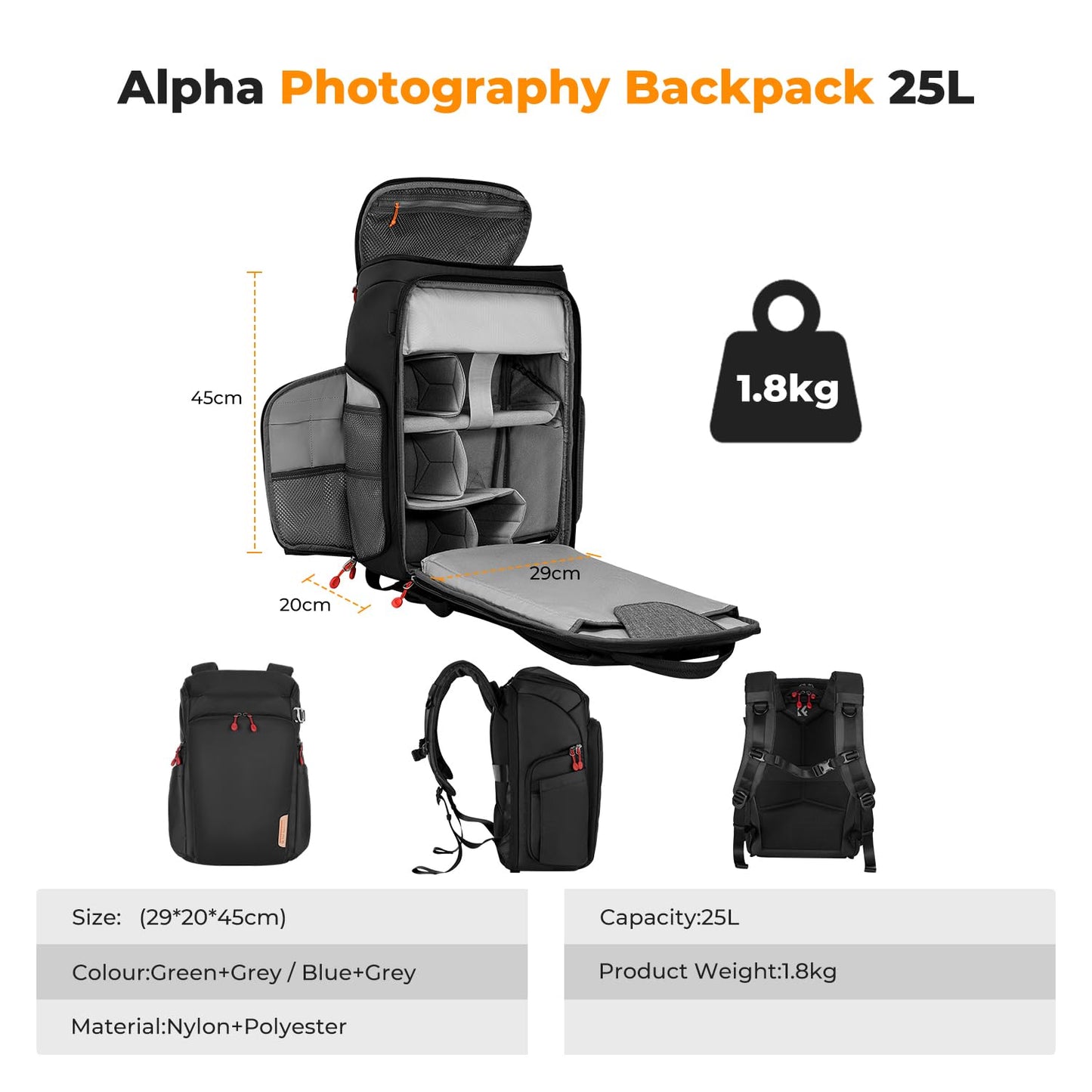 K&F CONCEPT Camera Backpack, Photo Backpack for Photographers, Camera Backpack with 15.6 Inch Laptop Compartment, Compatible with Canon/Nikon/Sony/DJI Mavic Drone (Alpha Backpack 25L) - KF13.128V6