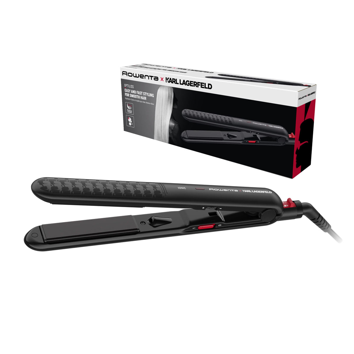 Rowenta Optiliss Ionic SF323L hair straightener with ceramic coating for smooth hair, 10 temperature settings up to 230 degrees, efficient straightening, heats up in 30 seconds, curls and waves, black.