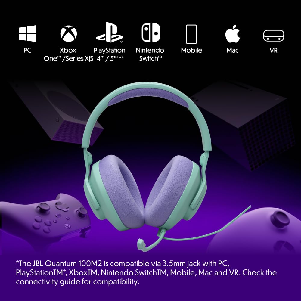 JBL Quantum 100M2 Wired Over-Ear Gaming Headset with JBL QuantumSOUND Signature, 3.5mm jack, multi-platform compatibility and detachable microphone with mute option, cyan - JBLQTUM100M2CYN