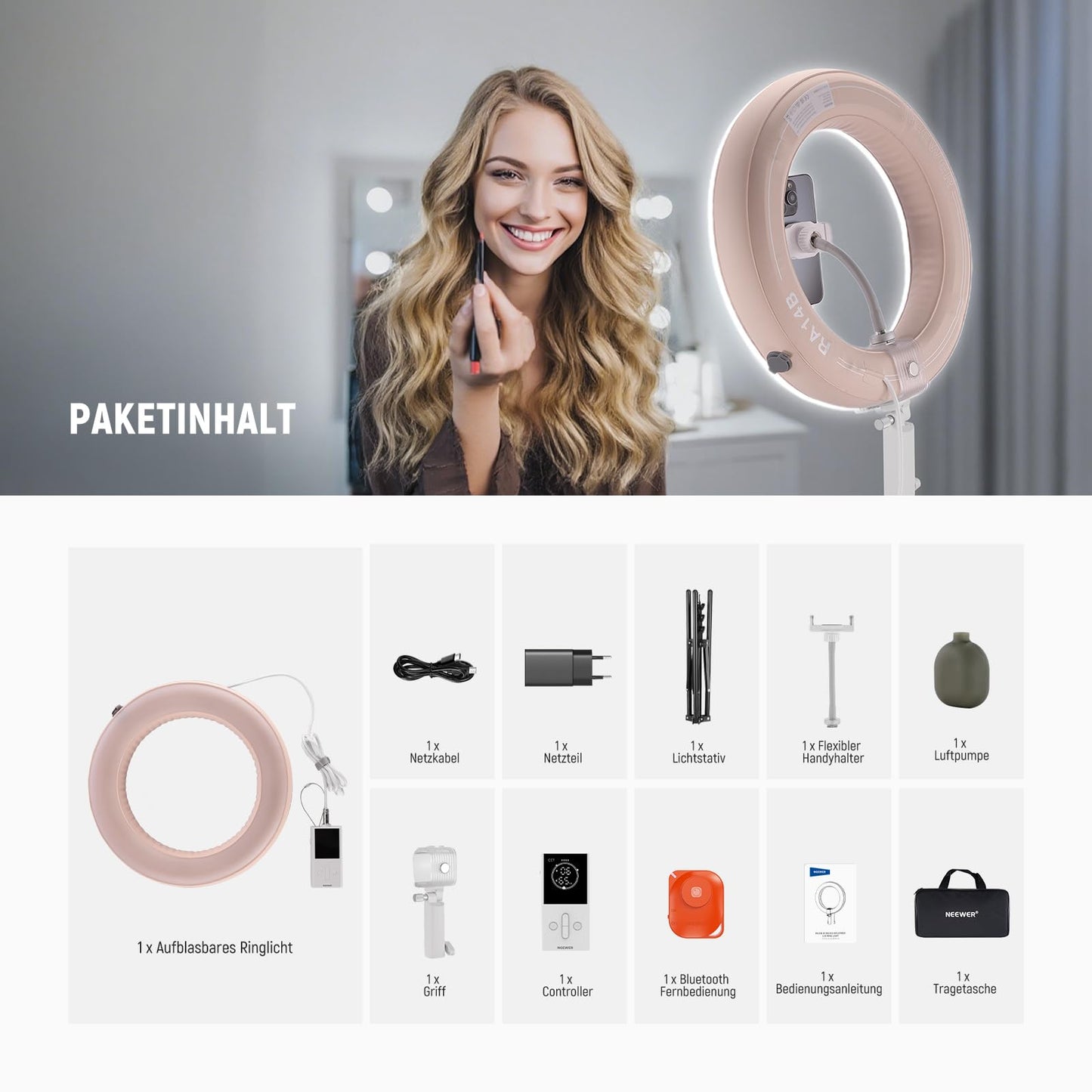 NEEWER 14" Inflatable Large Ring Light with Tripod Stand/Cell Phone Holder/Remote Control, 35W Portable LED Video Light 2900-6500K 2400Lux CRI95+ for Selfie Streaming Video Makeup Eyelash Studio, RA14B