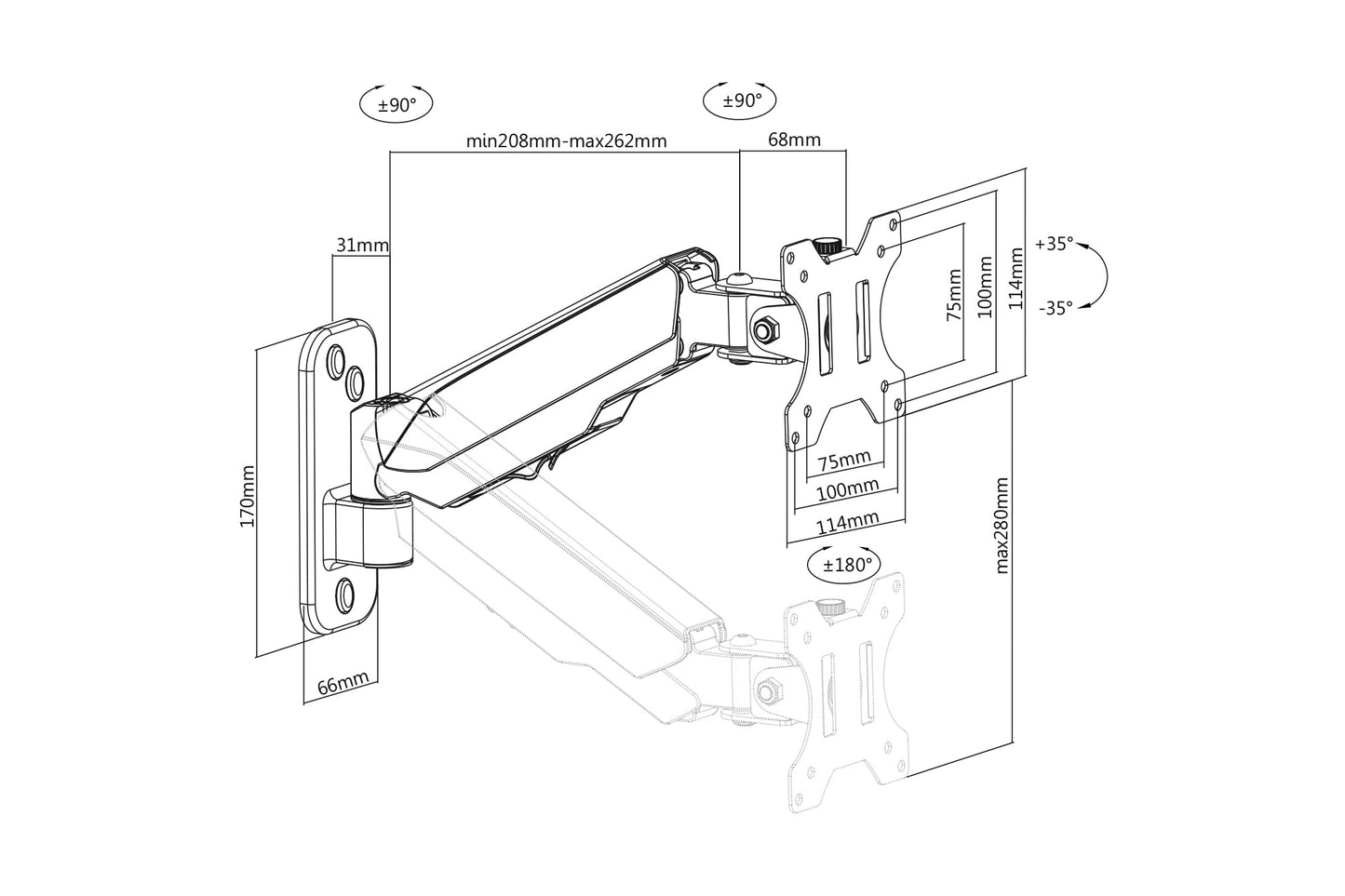DIGITUS monitor wall mount – gas pressure spring – up to 32 inches – 8 kg load capacity - DA-90396