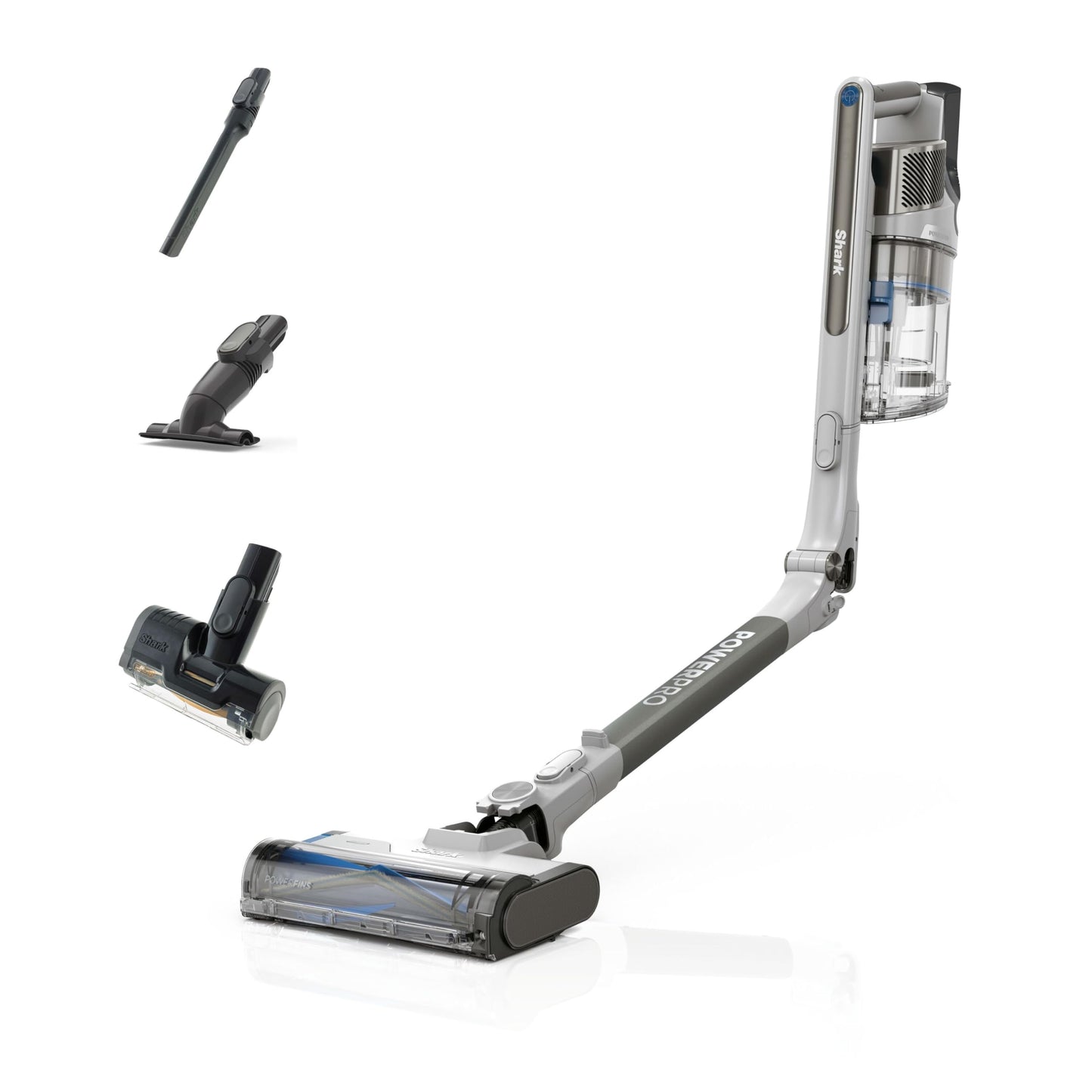 Shark PowerPro cordless vacuum cleaner, free-standing, up to 50 minutes running time, wireless, bagless, for animal hair, allergy sufferers, carpets and hard floors, with LED light and articulated tube, gray metallic, IZ380EUT
