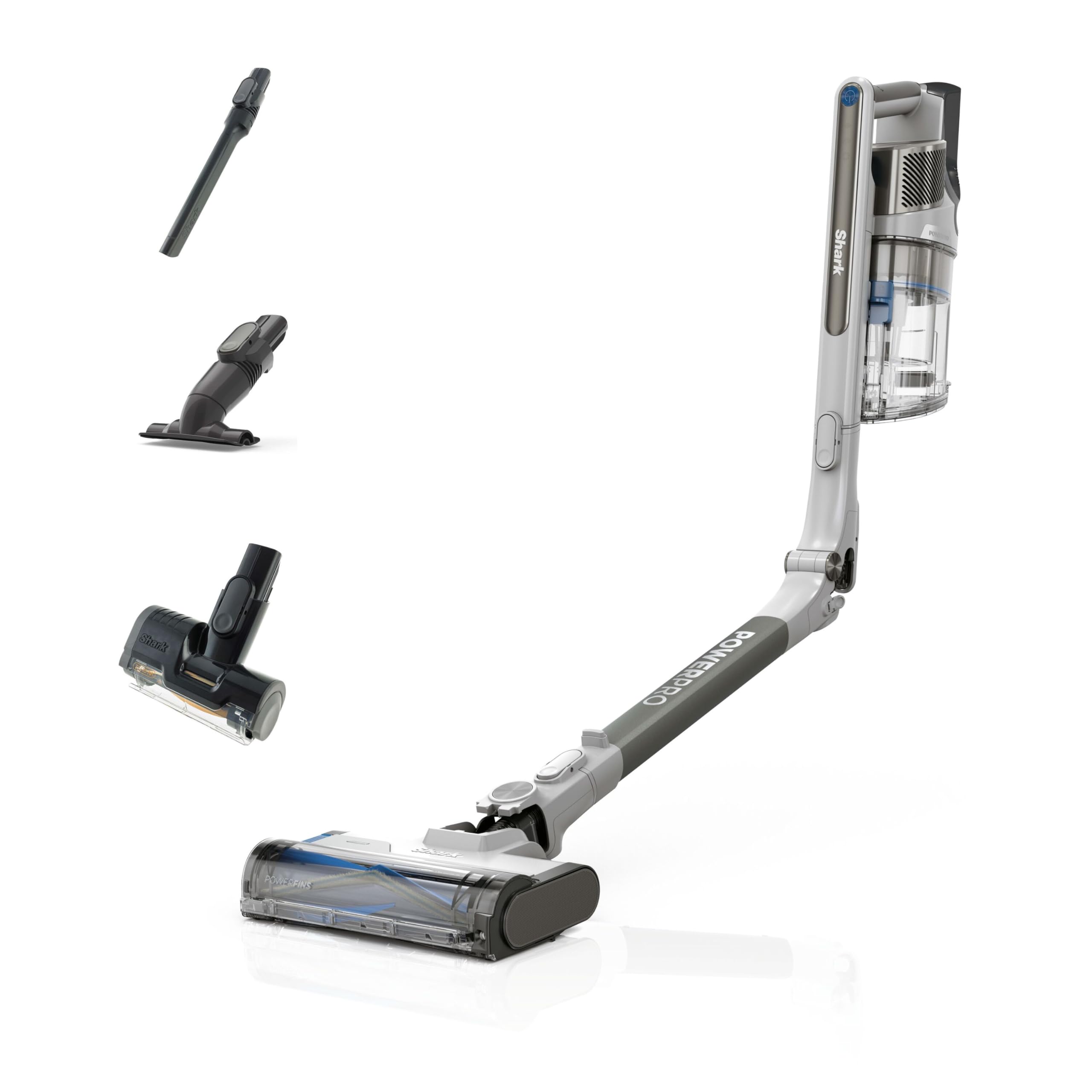 Shark PowerPro cordless vacuum cleaner, free-standing, up to 50 minutes running time, wireless, bagless, for animal hair, allergy sufferers, carpets and hard floors, with LED light and articulated tube, gray metallic, IZ380EUT
