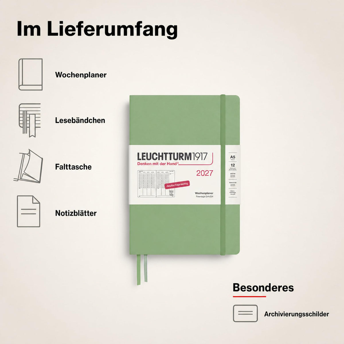 LEUCHTTURM1917 planificator săptămânal 2027 Medium (A5) - germană, salvie, 210 x 145 mm, ianuarie-decembrie (12 luni), prezentare generală săptămânală cu grilă orară 7:00-22:00 per coloană, copertă cartonată, hârtie de 80 g/m² - 400149
