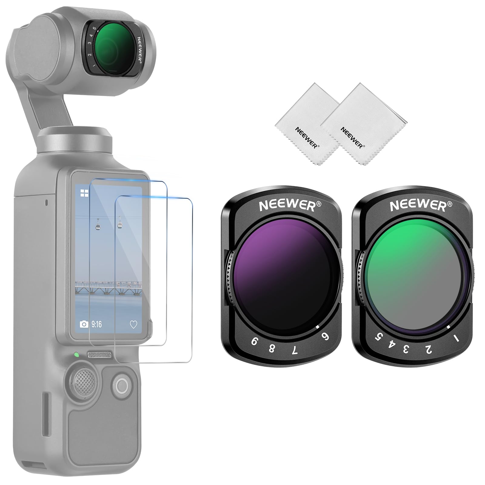 NEEWER Variable ND Filter Set, Compatible with DJI Osmo Pocket 3 / Pocket 4 / Xtra Muse, ND2-32 + ND64-512, Adjustable Neutral Density Filters with 2 Screen Protectors - FL-N53