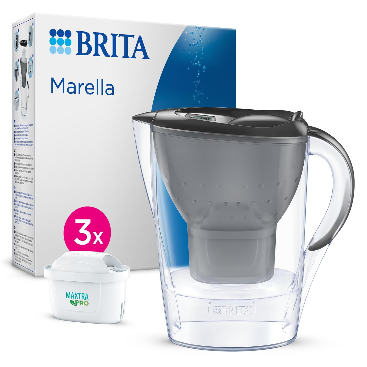 Cană filtrantă BRITA Marella grafit (2.4l) incl. 3 cartușe MAXTRA PRO Pure Performance - cană filtrantă potrivită pentru frigider cu BRITA Memo, capac pliabil, filtrează impuritățile - 126858