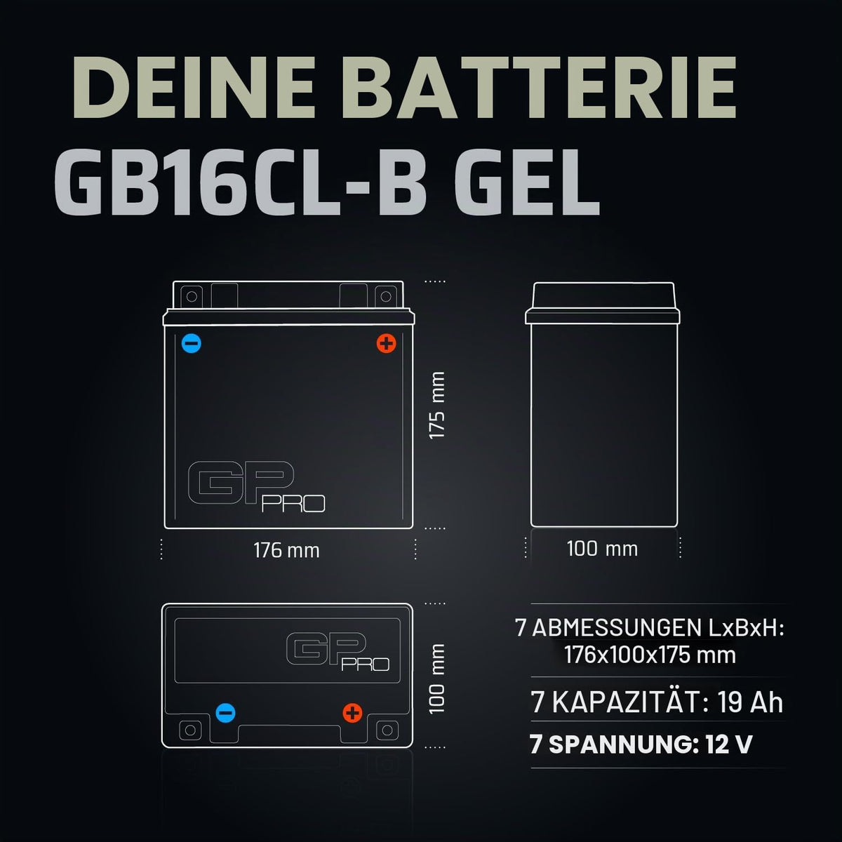 GP-PRO gel battery GB16CL-B 12V 19Ah compatible with Hyosung 450 Sport - GP-012