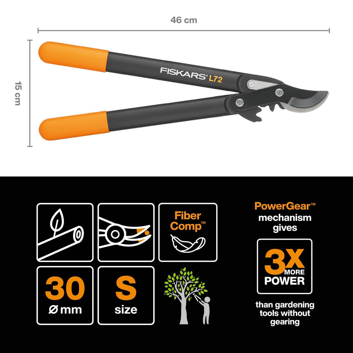 Fiskars PowerGear II Bypass - Foarfeca cu transmisie pentru lemn proaspăt, cu strat antiaderent, din oțel de precizie călit, negru/orange, 1001555 L72 (ramură 2,8 cm)