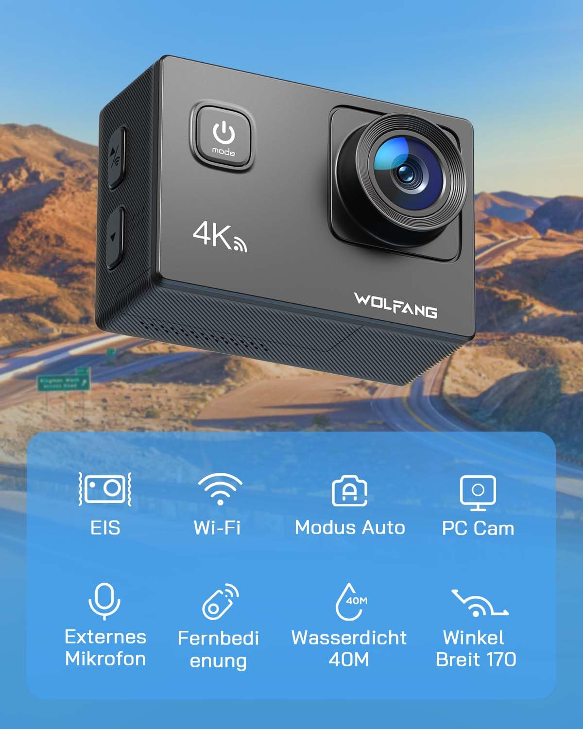 WOLFANG GA100 Action Cam 4K 20MP Underwater Camera WiFi 40M Waterproof EIS Image Stabilizer Helmet Camera 170° Wide Angle Camcorder (External Microphone, 2.4G Remote Control, 2 Batteries and Accessory Kit)