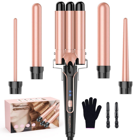 5 in 1 curling iron set, BESTOPE PRO 5 in 1 curling iron set with straightening iron with 3-fold hair curler for women, quickly heating curling iron for all hair types - MD-J18