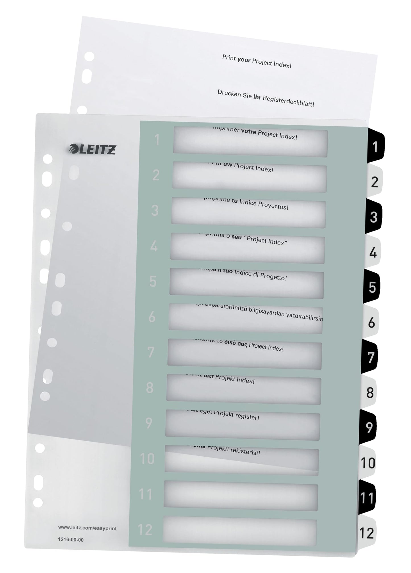 Leitz index for A4, pack of 10, PC-writable cover sheet and 12 dividers, tabs with numbers printed 1-12, extra width, white/black, polypropylene, WOW, 12160000 - 12160000-10