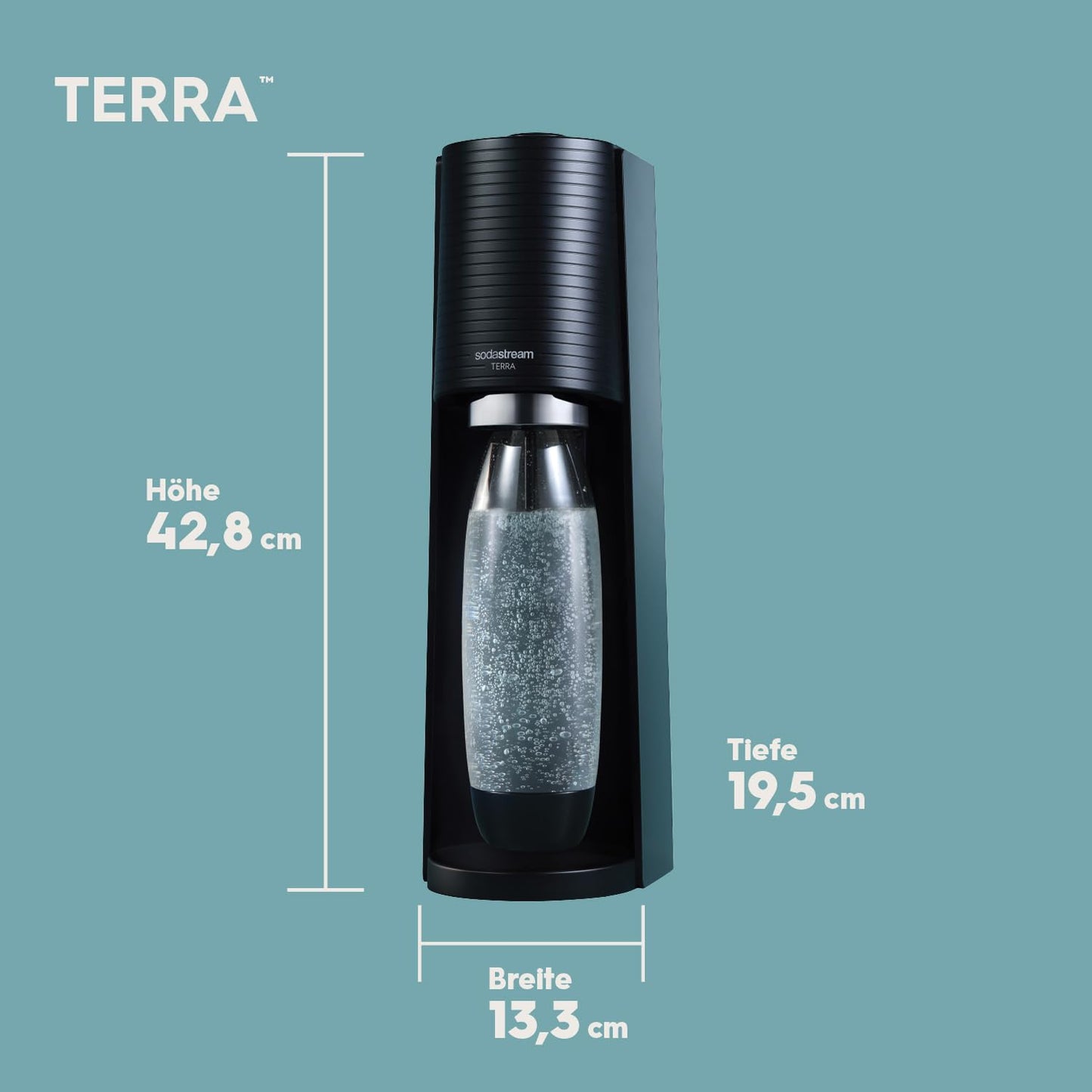 Sodastream TERRA water carbonator, soda stream machine value pack with 1 Quick Connect 60L CO2 cylinder, 2x 1L and 1x 0.5L dishwasher-safe plastic bottles, height 44 cm, black - 1012813491