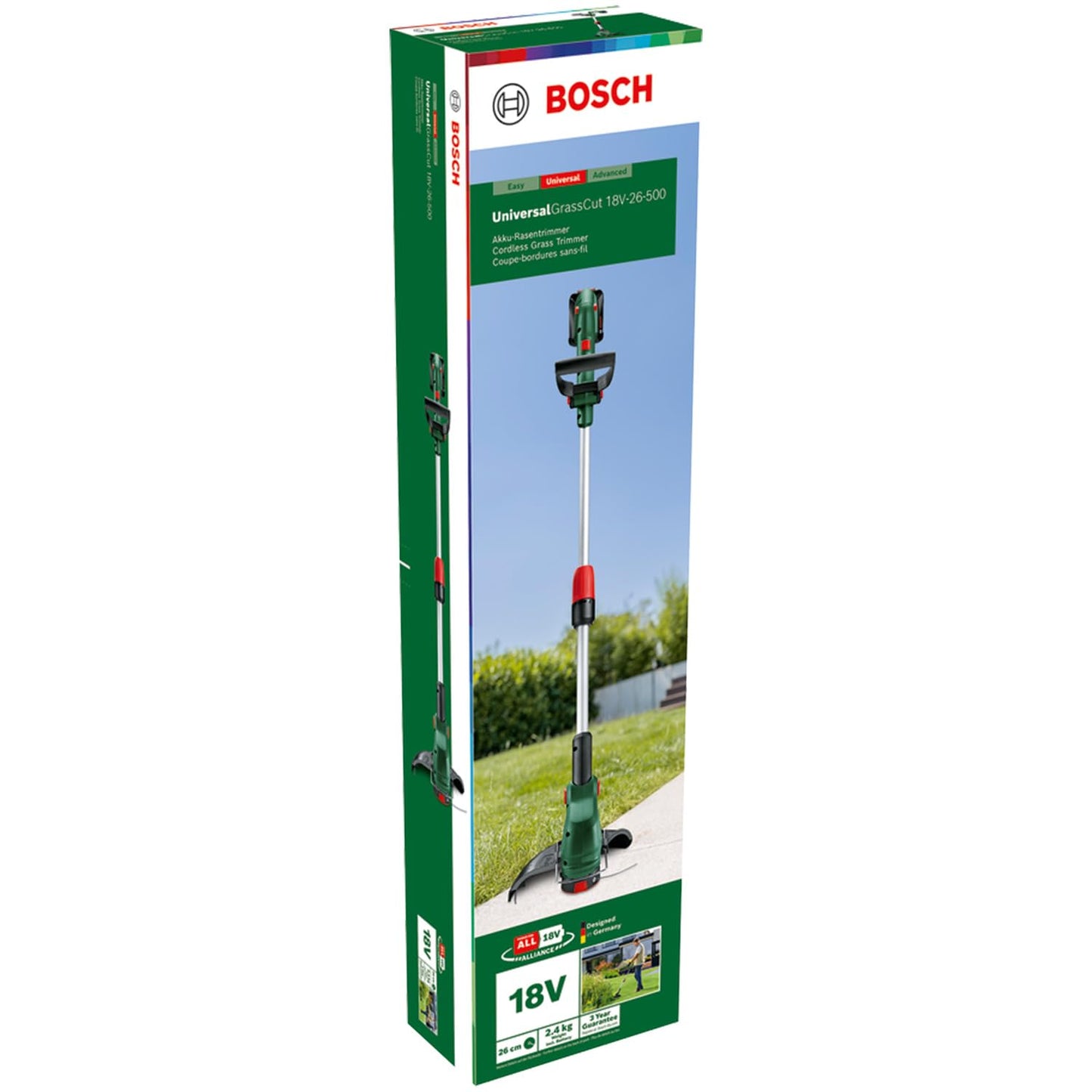 Bosch cordless grass trimmer UniversalGrassCut 18V-26-500 (for grass trimming and edge cutting; charging time: 65 min; cutting circle diameter: 26 cm; 18-volt system; with 2.0 Ah battery and charger) - 06008C1F00