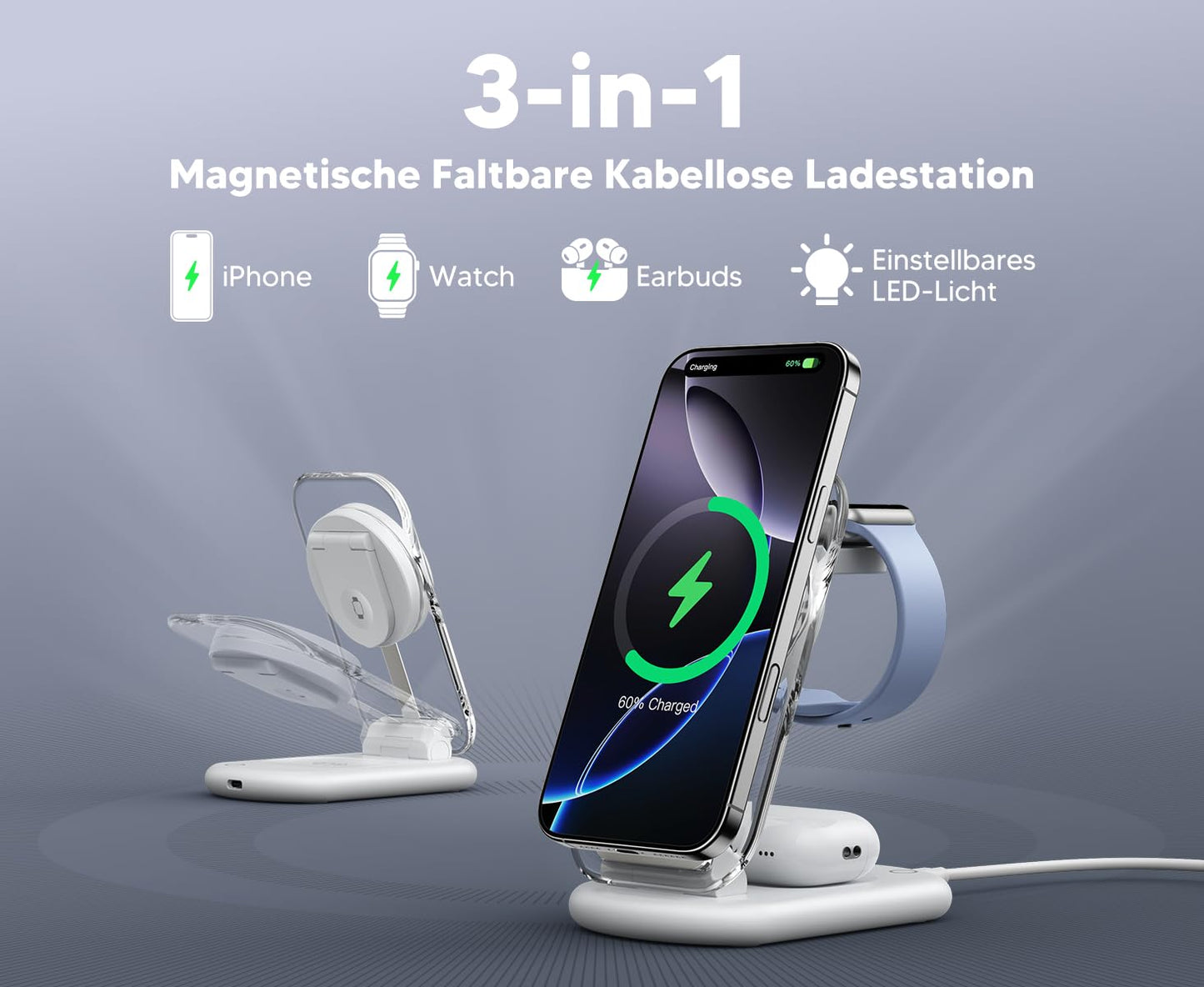 Mag-Safe Charger Wireless Charger, 3 in 1 15W Wireless Charger, Inductive Charging Station for iWatch iPhone 17e/17/16/15/14/13/12 Series, AirPods 3/2/Pro, Silver Pack of 2 - T618-F