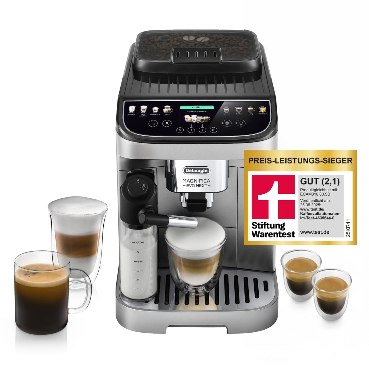De’Longhi Magnifica Evo Next - Automat de cafea perfect cu spumator de lapte LatteCrema, 13 băuturi cu o singură atingere, mașină de cafea și cappuccino, display tactil colorat, Titan (ECAM312.80.SB)