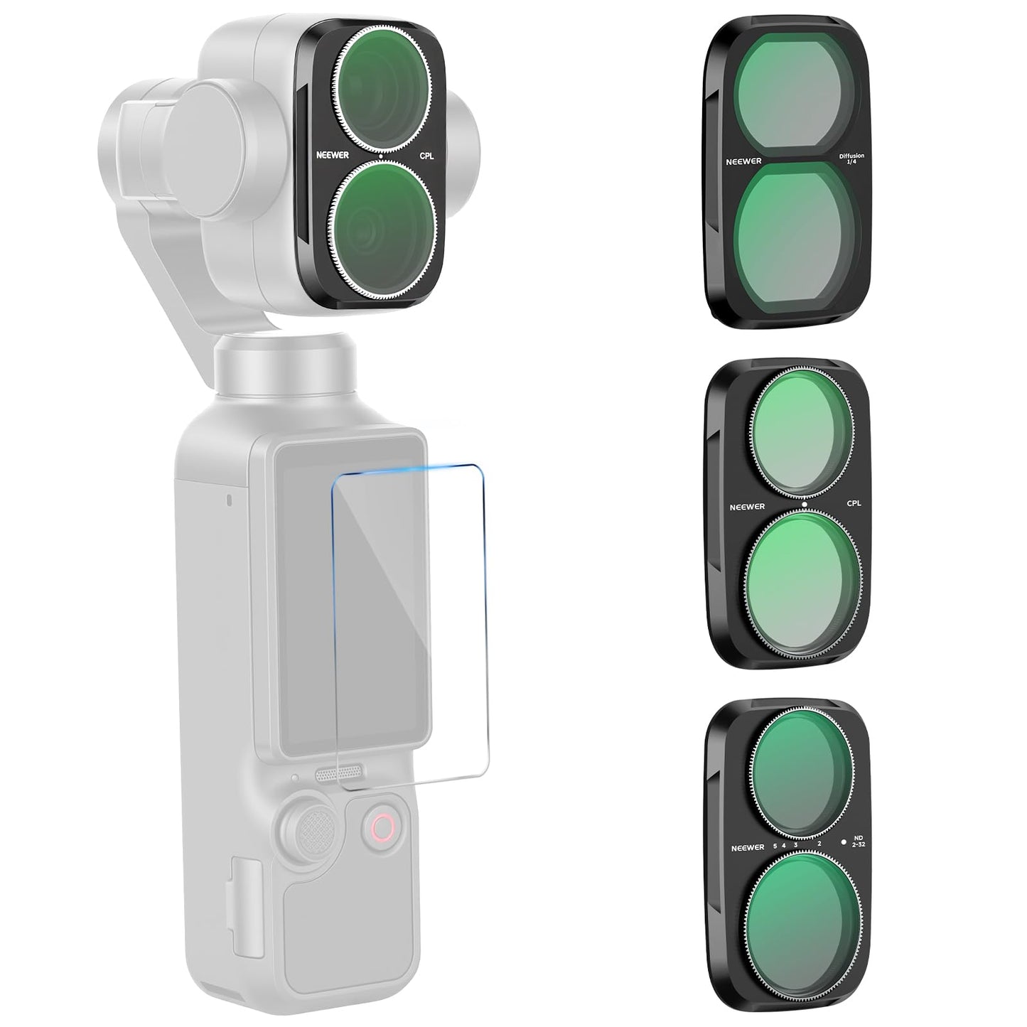 NEEWER ND Filter Set compatible with DJI Osmo Pocket 4P only, Variable Neutral Density Filter (ND2-32) + CPL + 1/4 Black Diffusion Gimbal Action Cam Lens Filter Screen Protector Photography Accessories Kit - FL-P23