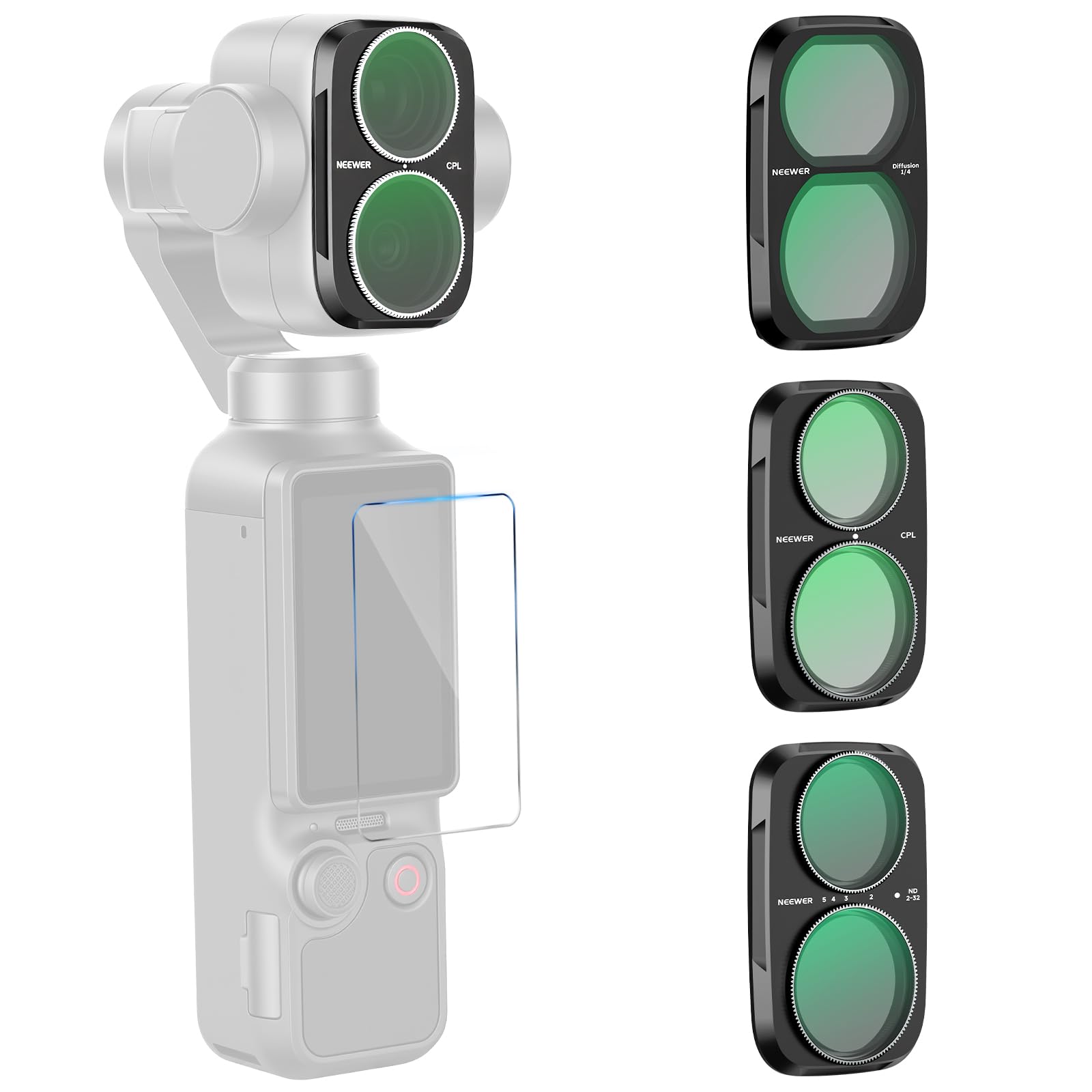 NEEWER ND Filter Set compatible with DJI Osmo Pocket 4P only, Variable Neutral Density Filter (ND2-32) + CPL + 1/4 Black Diffusion Gimbal Action Cam Lens Filter Screen Protector Photography Accessories Kit - FL-P23