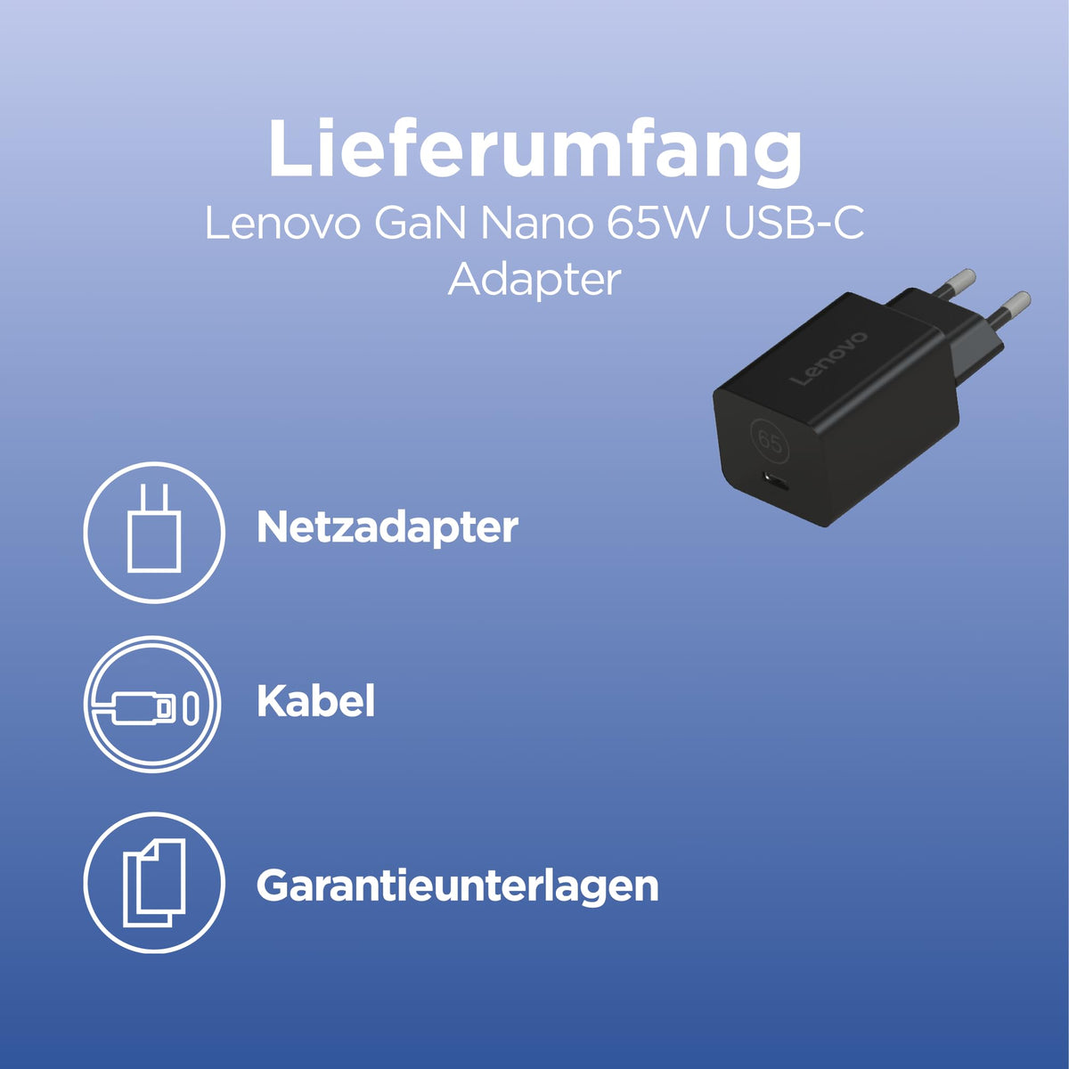 Lenovo GaN Nano 65W | USB-C Power Adapter for PC Laptop | EU Plug - G0A6GN65EU