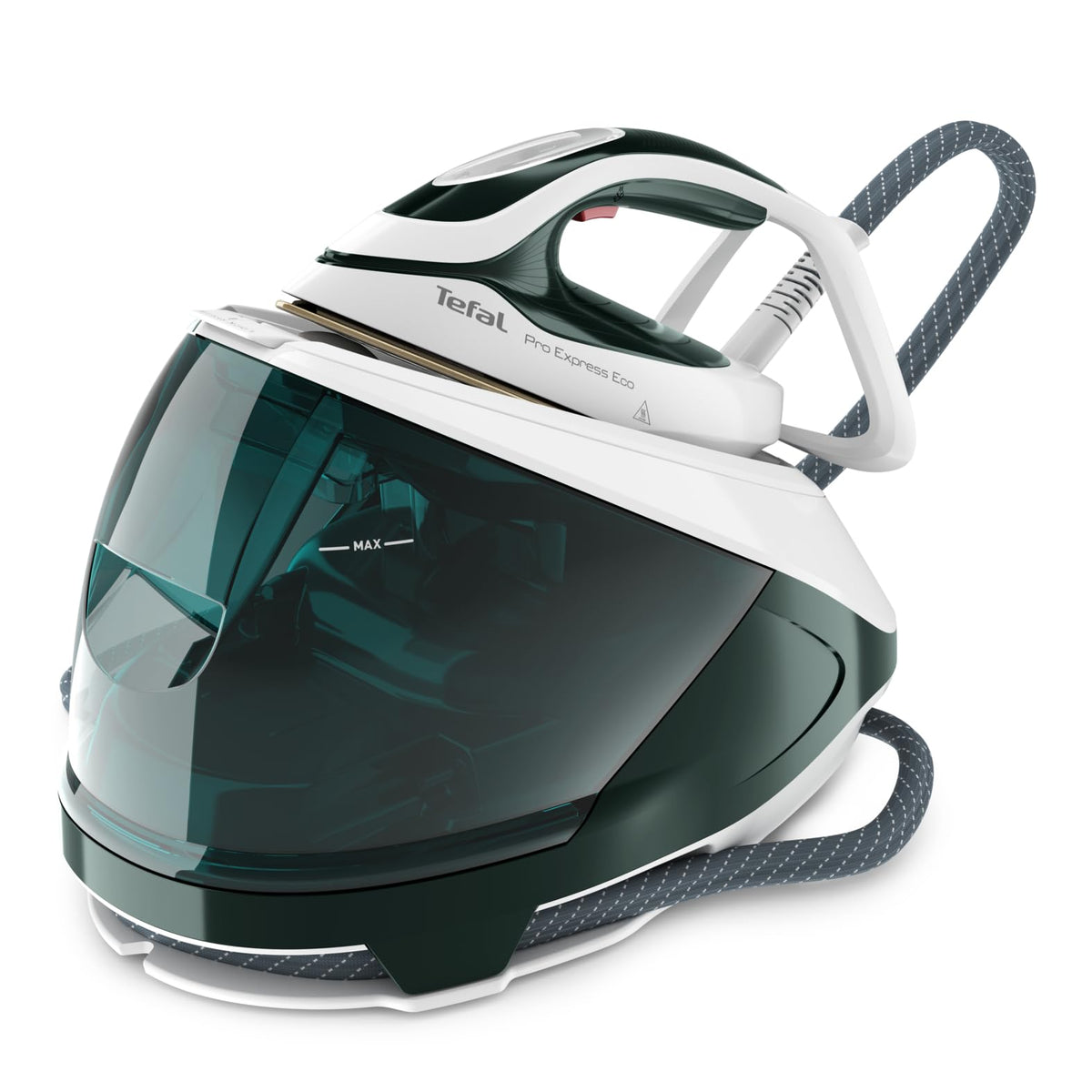 Tefal Pro Express Eco Stație de călcat cu aburi, 2200 Watt, 7,5 bar presiune, 560 g/min. impuls de aburi, 140 g/min. eliberare continuă a aburului, mod Eco, colector de calcar, tehnologie Smart-Temp, verde pădure, GV9E21E0