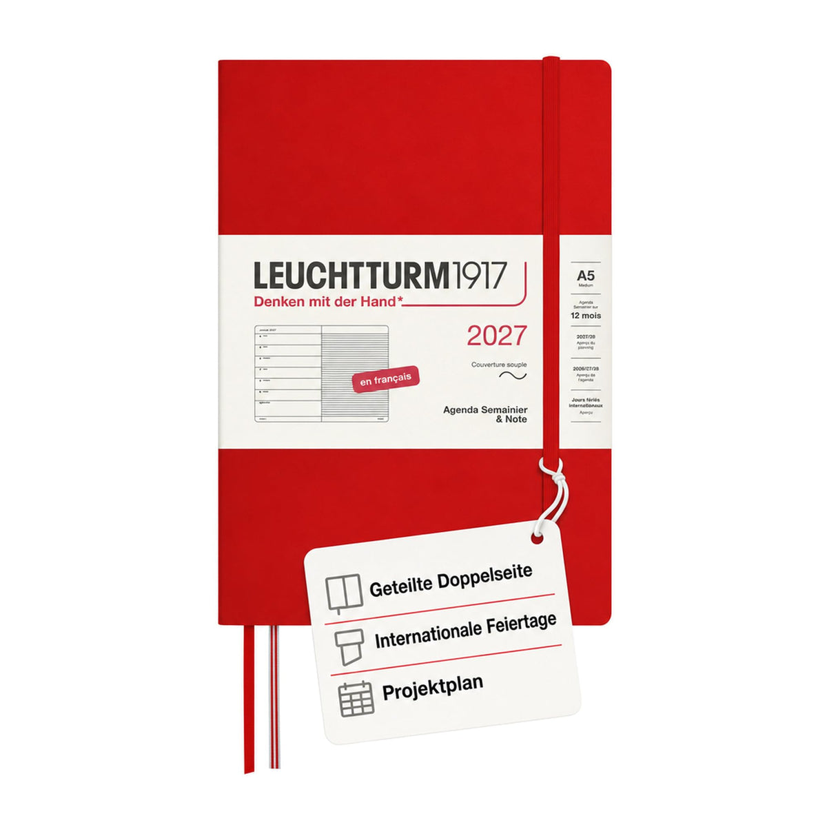 LEUCHTTURM1917 weekly calendar 2027 medium (A5) with notebook, lined - appointment planner French, cherry, softcover, January-December 2027, weekly overview on the left + note page on the right - 400389