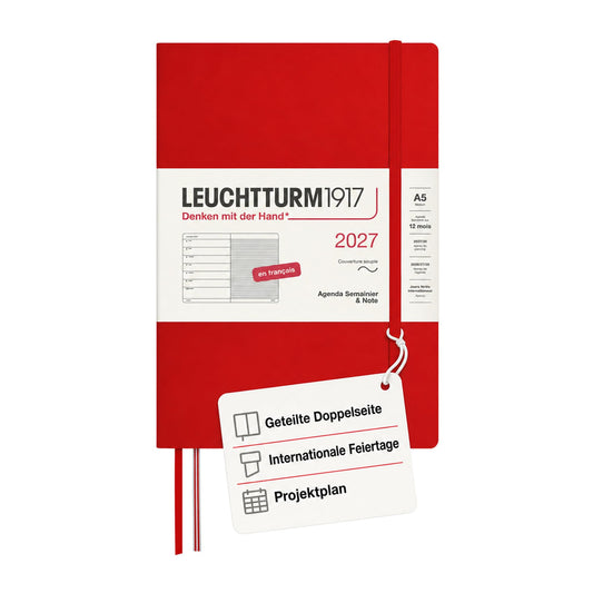LEUCHTTURM1917 weekly calendar 2027 medium (A5) with notebook, lined - appointment planner French, cherry, softcover, January-December 2027, weekly overview on the left + note page on the right - 400389