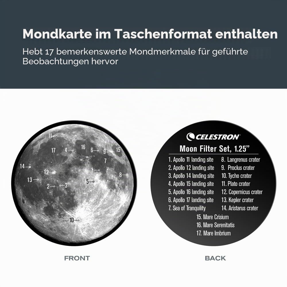 Kit filtrului lunar Celestron 94315 – Compatibil cu ocularele de telescop de 1.25", include filtru lunar și de strălucire a cerului, 3 filtre de densitate neutră, husă de transport și hartă a lunii, negru. - 94315-CGL