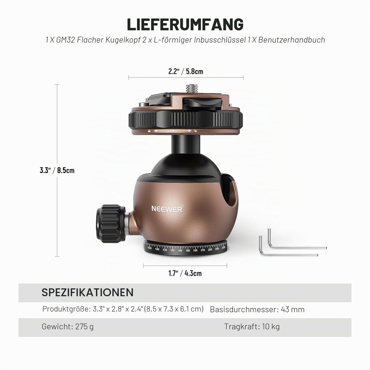 NEEWER Tripod Head Ball Head Tripod Mount Adapter, flat tripod head, ball mount, quick release with 1/4" QR plate, compatible with Peak Design Capture Camera Clip, max load 10kg, GM32 - GM32/40mm