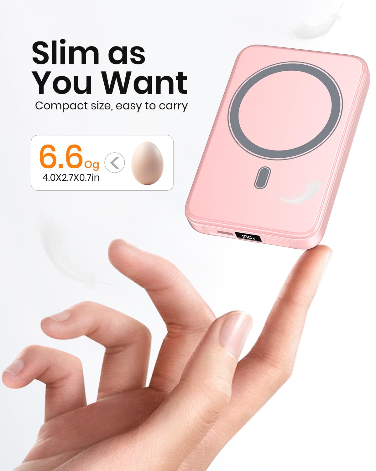 A ADDTOP Magnetic Power Bank 10000mAh- 20W Schnelllade iPhone Ladegerät for Magnetisch, UltraSlim Wireless Portable Charger with USB-C In&Out, LED Display Akku-Pack für iPhone 17/16/15/14/13/12 Rosa - C19PW
