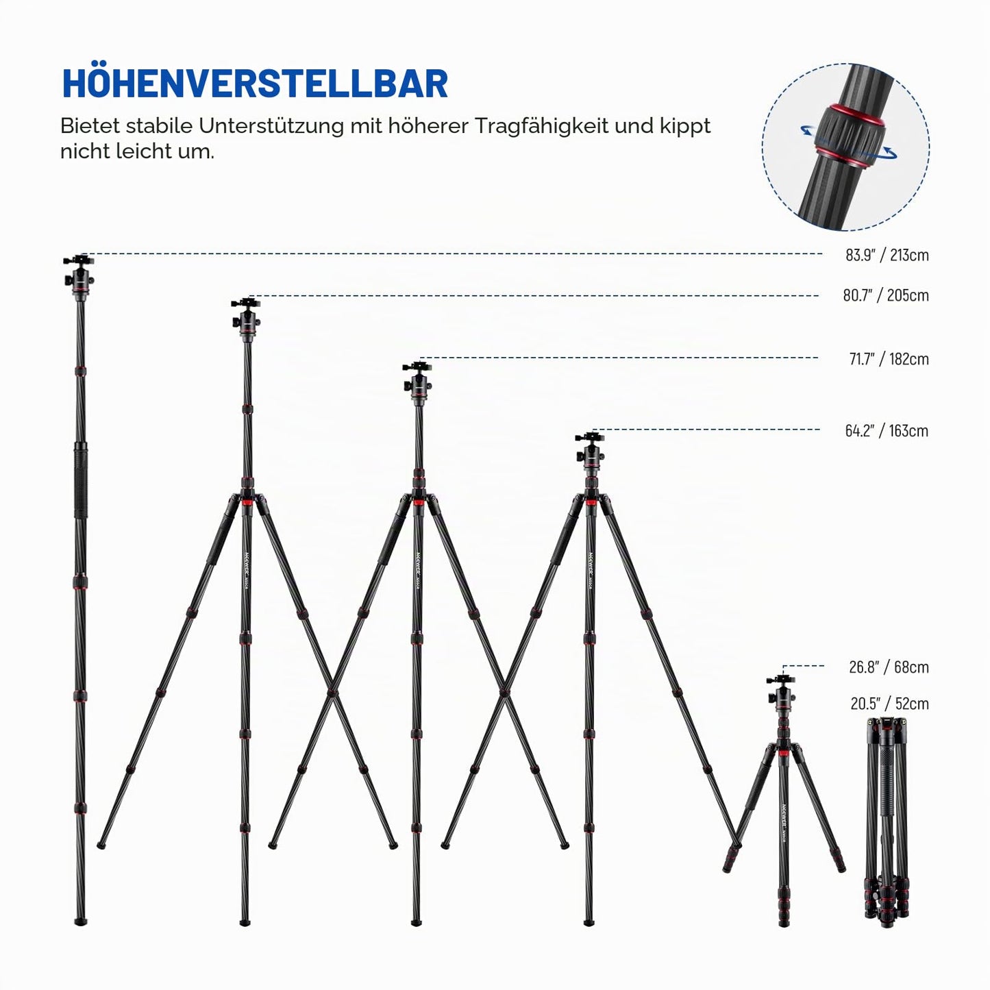 NEEWER 205cm carbon fiber travel tripod, new camera tripod with 2-part central axes, 360° panoramic ball head, 1/4" Arca type QR plate, with ø28mm column, monopod tripod max load 26.5 lb, N55CR