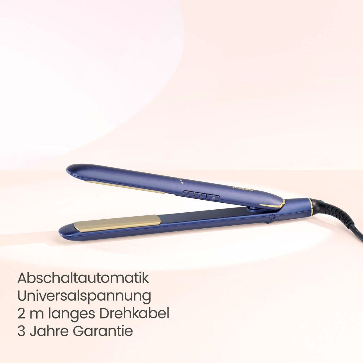 BaByliss Midnight Luxe Straightener - Titanium Ceramic Floating Plates for smooth gliding, quick heating in 30 seconds, 3 temperature settings up to 235°C, suitable for worldwide use, model 2516PE.