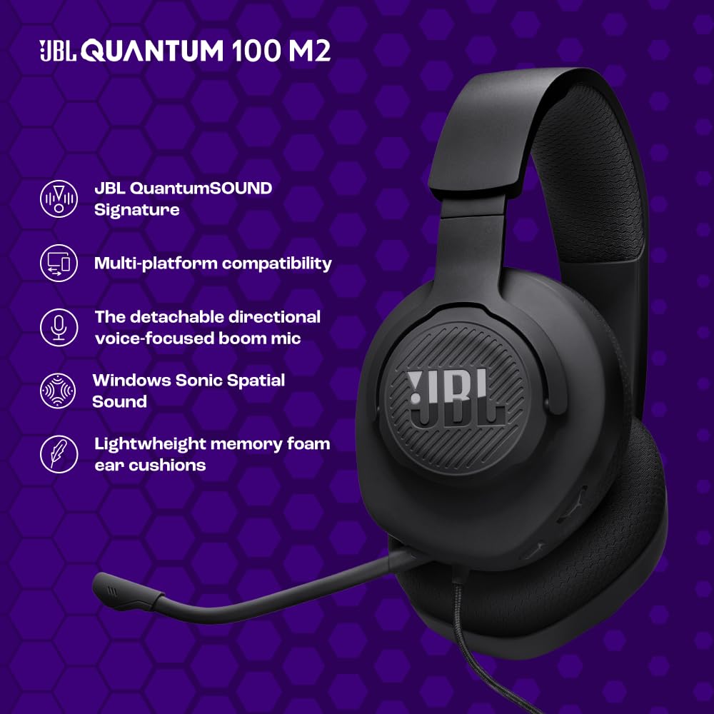 JBL Quantum 100M2 Wired Over-Ear Gaming Headset with JBL QuantumSOUND Signature, 3.5mm jack, multi-platform compatibility and detachable microphone with mute option, black - JBLQTUM100M2BLK
