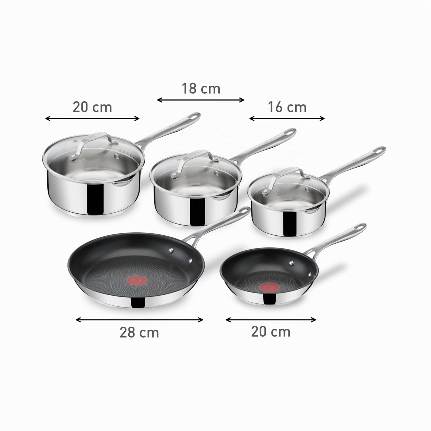 Tefal Jamie Oliver Cook's Direct On 8-piece stainless steel pan set: pans 20/28 cm, saucepans 16/18/20 cm + lid, non-stick coating, thermal signal, riveted handle, induction, E304S544