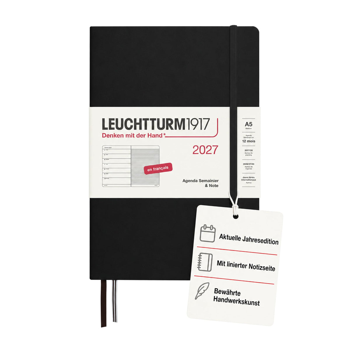 LEUCHTTURM1917 weekly calendar 2027 medium (A5) with notebook, lined - French appointment planner, black, hardcover, January-December 2027, weekly overview on the left + note page on the right - 400376