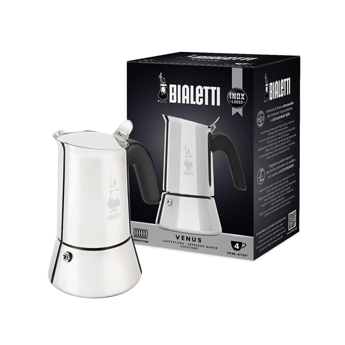 Bialetti - New Italian espresso machine Venus Induction made of stainless steel, suitable for all types of plates, 4 coffee cups (170 ml), silver - 0007254